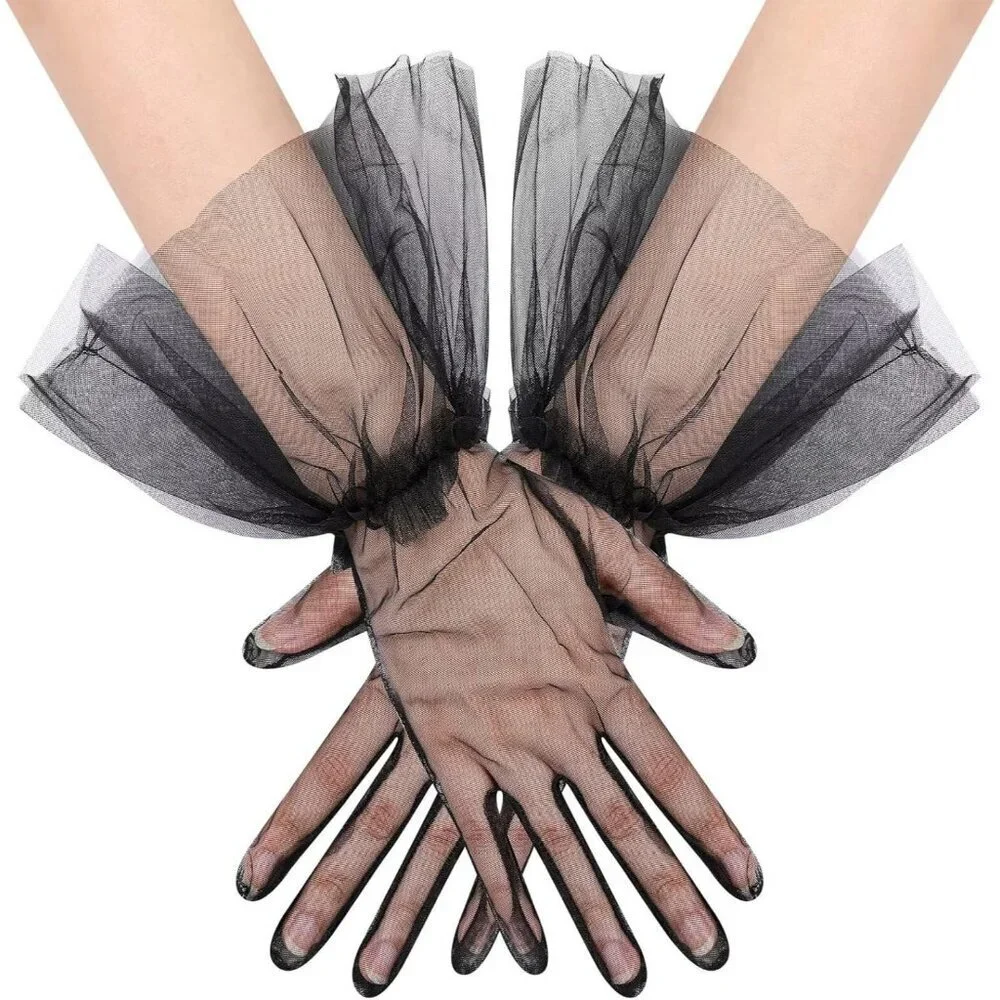 Women's Puffy Ruffle Black Tulle Sheer Mesh Party Prom One Size Short Gloves
